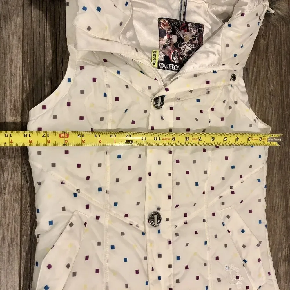 Burton Dryride Puffer Vest Small Cream Hooded Faux Fur Trim Zip Snap Pockets - Picture 11 of 12